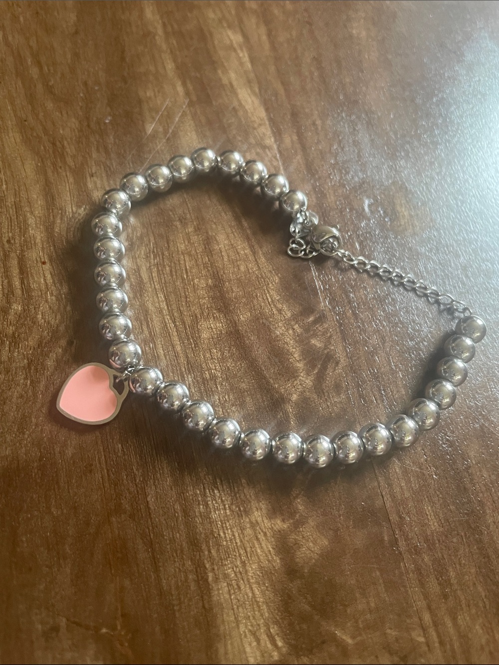 Stainless Silver Beaded Bracelet with Pink Heart Charm